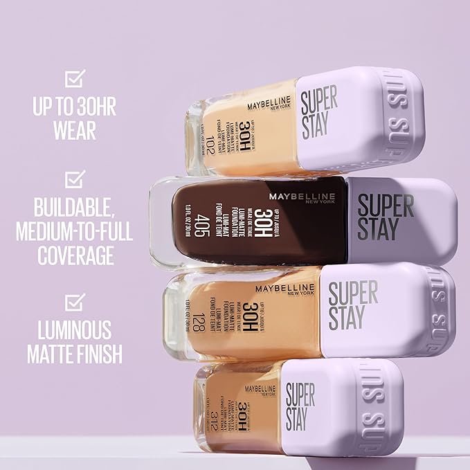 Maybelline Super Stay Lumi-Matte Foundation, Lightweight and Buildable Full Coverage Foundation Makeup For Up To 30HR Wear, 405, 1 Count