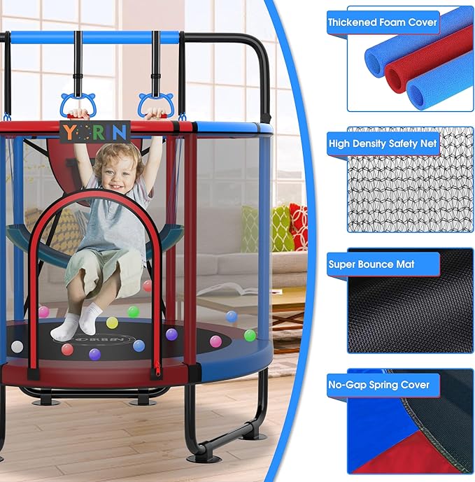 YORIN Trampoline for Kids 66'' 60'' 55'' Toddler Mini Small Trampoline Outdoor Indoor Trampoline W Basketball Hoop, Swing, Adjustable Gymnastics Bar, Gift for Baby, Toddlers & Kids