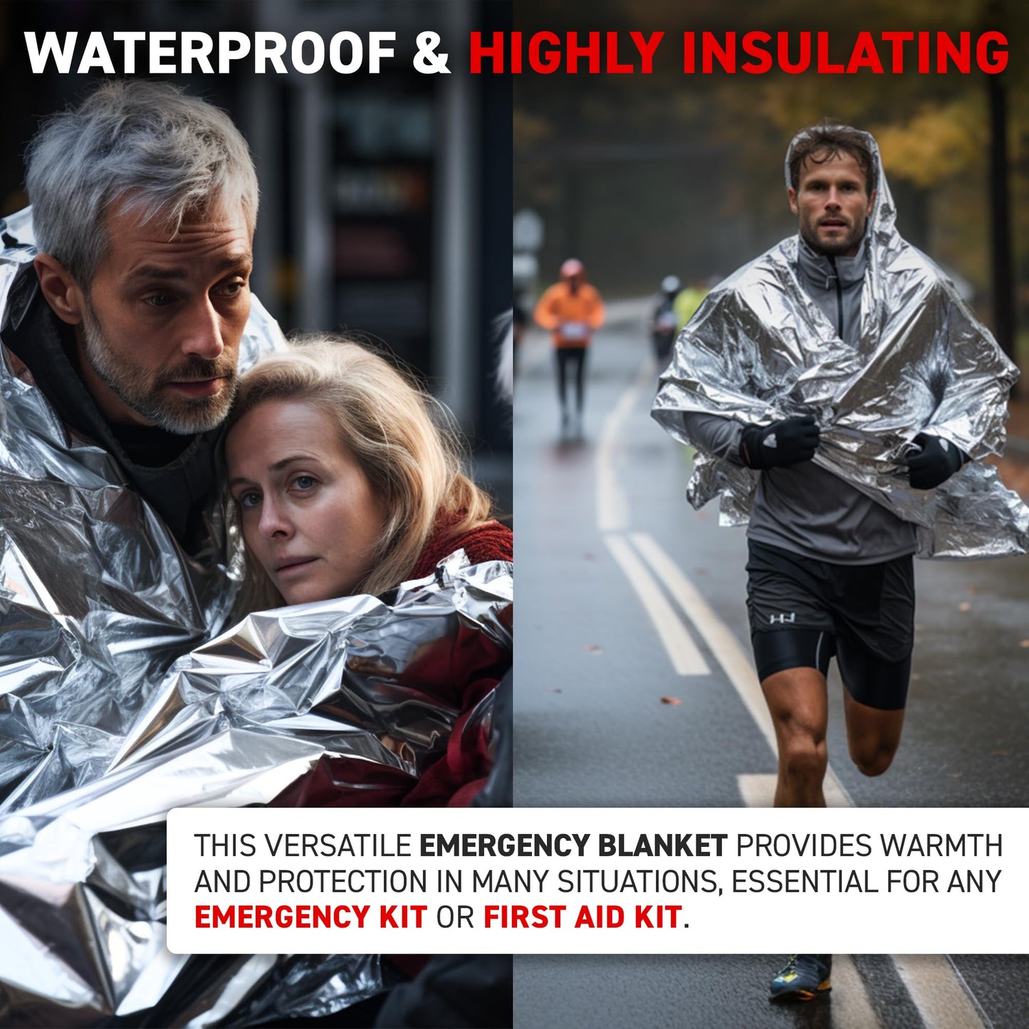 72 HRS Large Emergency Mylar Space Blankets 4-Pack, MIL-SPEC 54″ × 88″ Thermal Survival Foil – Retains 90% Body Heat, Waterproof Reflective Blanket for Camping, Hiking, Marathon, First Aid