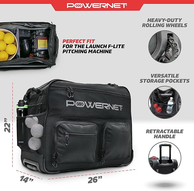PowerNet Rolling Bucket Bag, Holds 2 6-Gallon Bucket of Baseballs & Softballs, Storage Pockets for Baseball Bat, Gloves & Scoreboards, Fits Launch F-lite Pitching Machine & Balls