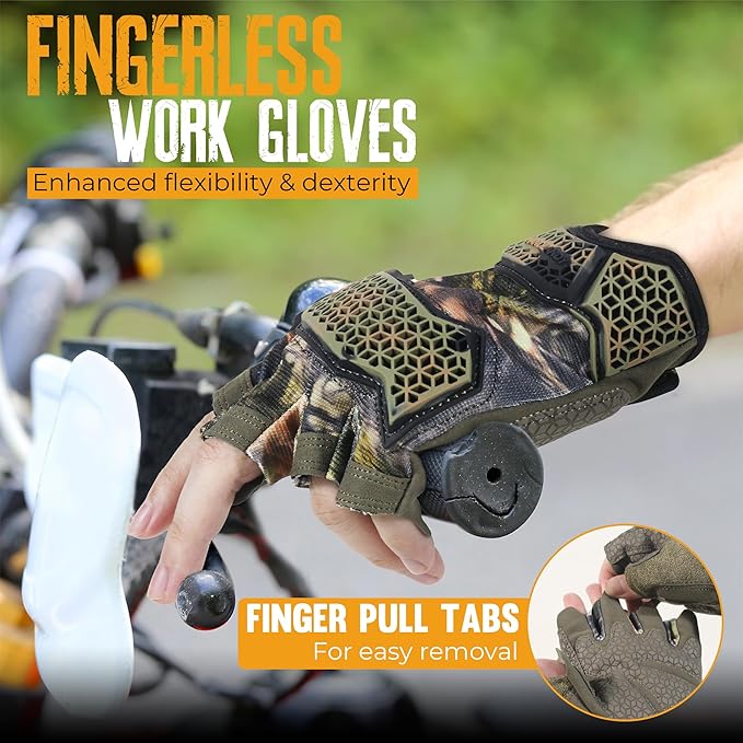 HANDLANDY Fingerless Work Gloves for Men, Padded Impact Tactical Mechanics Gloves, Grip Utility Trucker Driver Gloves (Camo- impact, Large (Pack of 1))