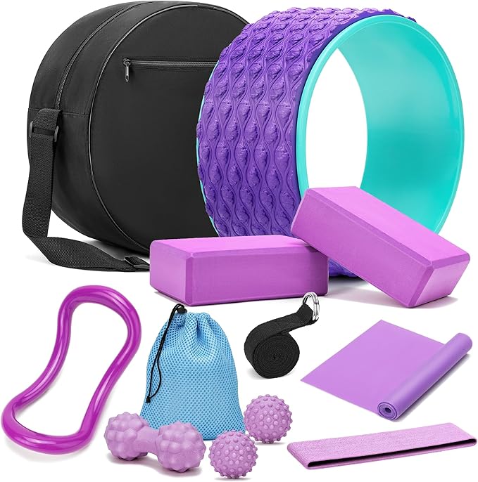 Yoga Wheel Set, Wheel Foam Roller with Back Cracker Roller for Pain Relief & Deep Tissue Massage and Stretching 500lbs Capacity, Trigger Point Therapy Massage Ball, Yoga Blocks 2 Pack with Strap