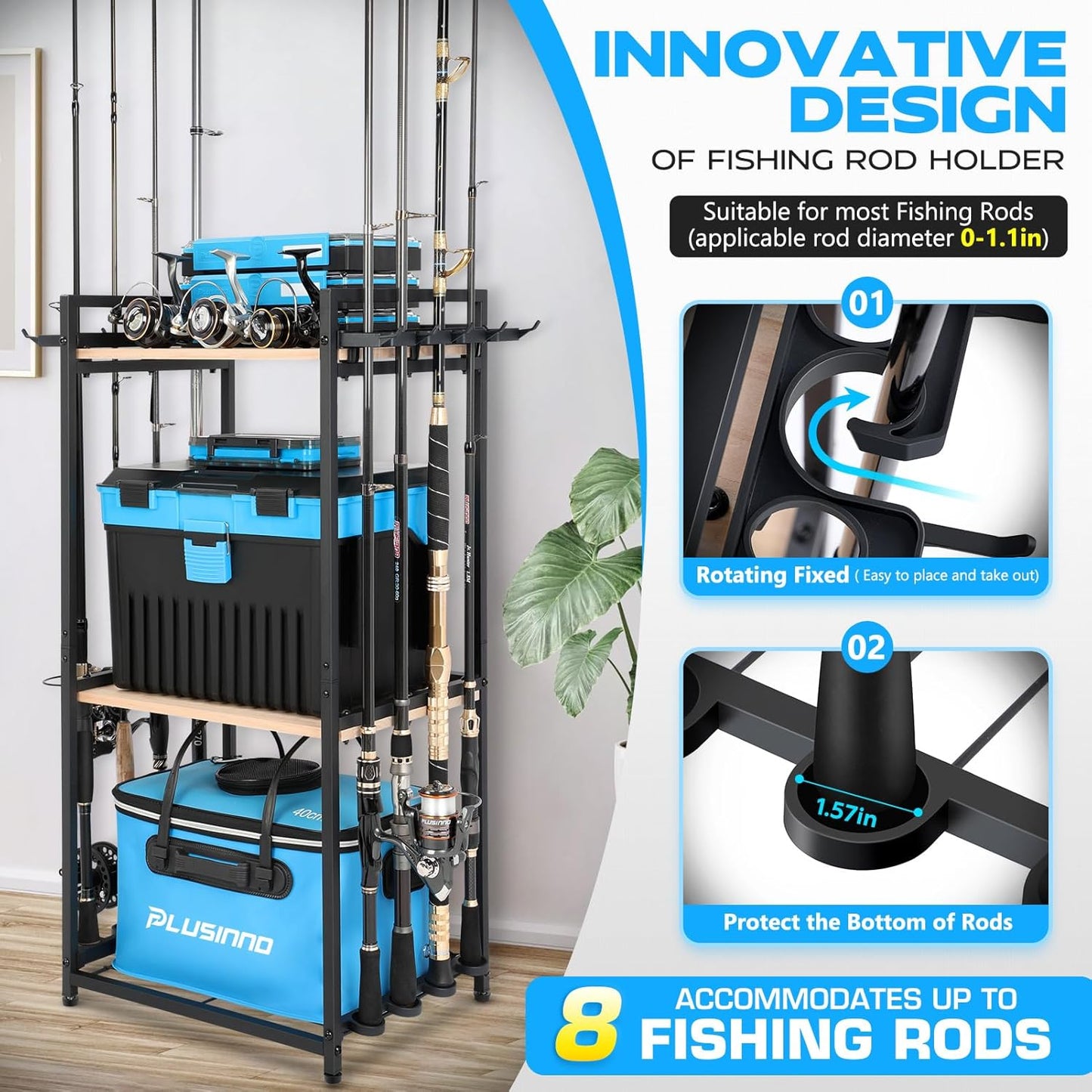 PLUSINNO 3 Tier Fishing Rod Holder, Fishing Pole Holders for Garage, Fishing Rod Rack Fishing Rod Storage Up to 8 Rods, Fishing Gear Tackle Box Fishing Equipment Organizers, Fishing Gifts for Men