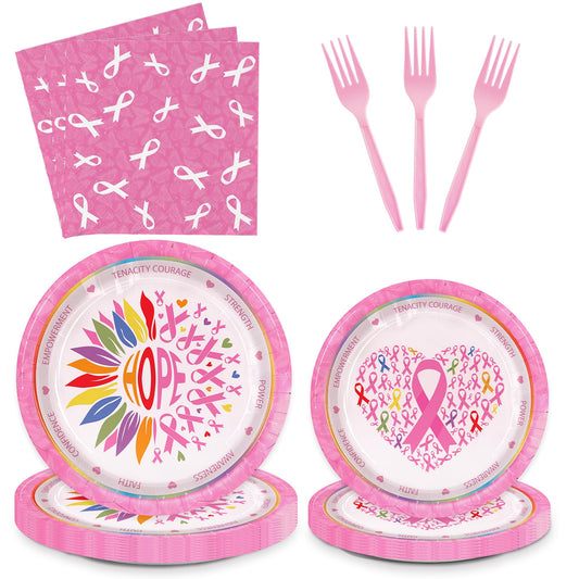 Detanpoly 96tlg. Brustkrebs-Bewusstseins-Set mit rosa Schleifen-Tellern, -Servietten und -Gabeln