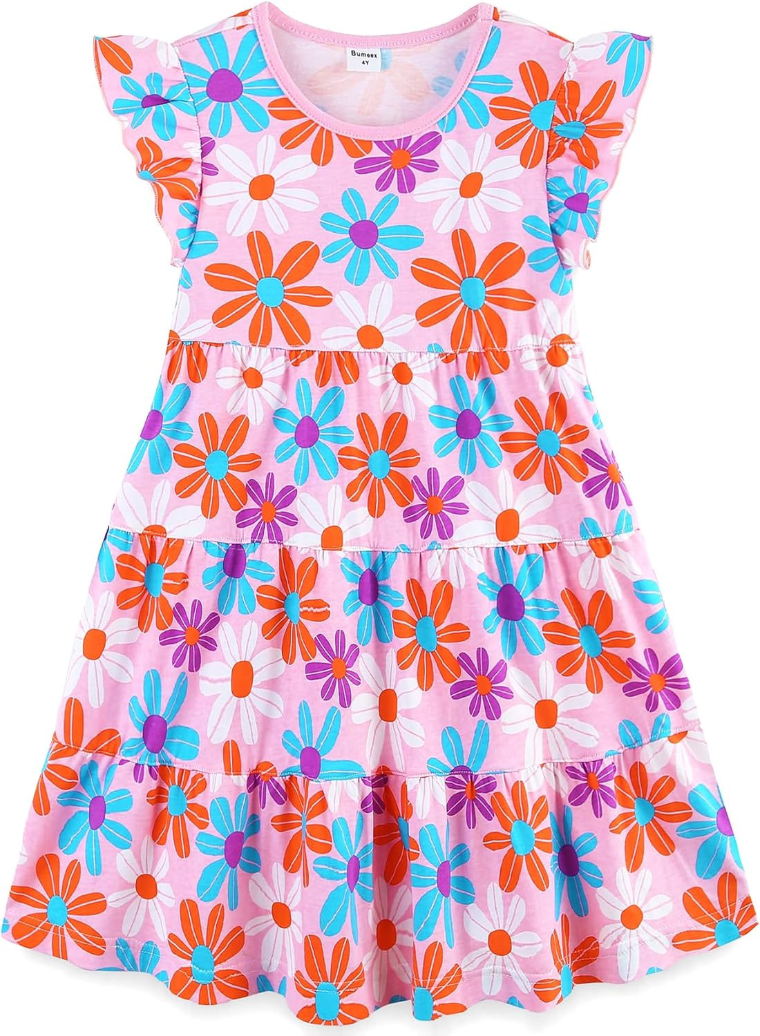 Girls Cotton Dress - Ruffle Sleeve Tiered A-Line Midi Sundress