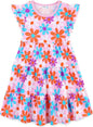 Girls Cotton Dress - Ruffle Sleeve Tiered A-Line Midi Sundress
