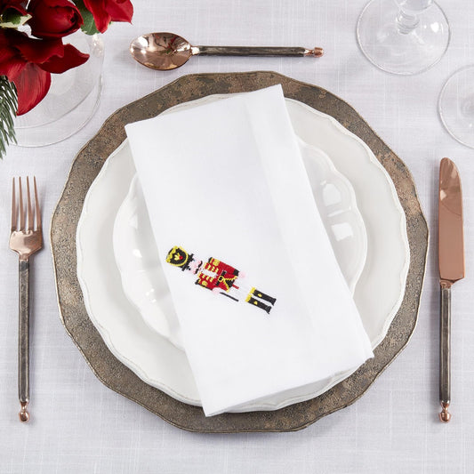 Fennco Styles Embroidered Nutcracker Holiday Cloth Napkins 20" W x 20" L, Set of 4 - White Festive Dinner Napkins for Christmas, Dining Table, Family Gatherings, Banquets & Home Décor