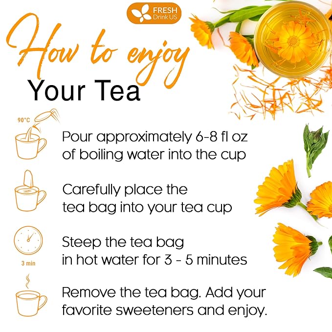 FRESHDRINKUS Premium 100% Natural Calendula Flower Tea Bags, 135 Count, Herbal Tea, Caffeine Free, Sugar Free, Gluten Free, Vegan