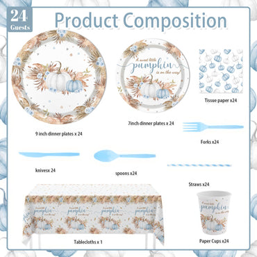 MEHOFOND Blue Pumpkin Baby Shower Party Supplies 193 Pcs Tableware Set