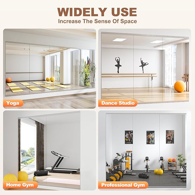 Hasipu Home Gym Mirror 71" L x 32" W - 1PC Large Full Body Mirror for Yoga, Wall-Mounted Mirrors for Fitness, Garage, Dance Studio, 0.16in Tempered Glass Frameless