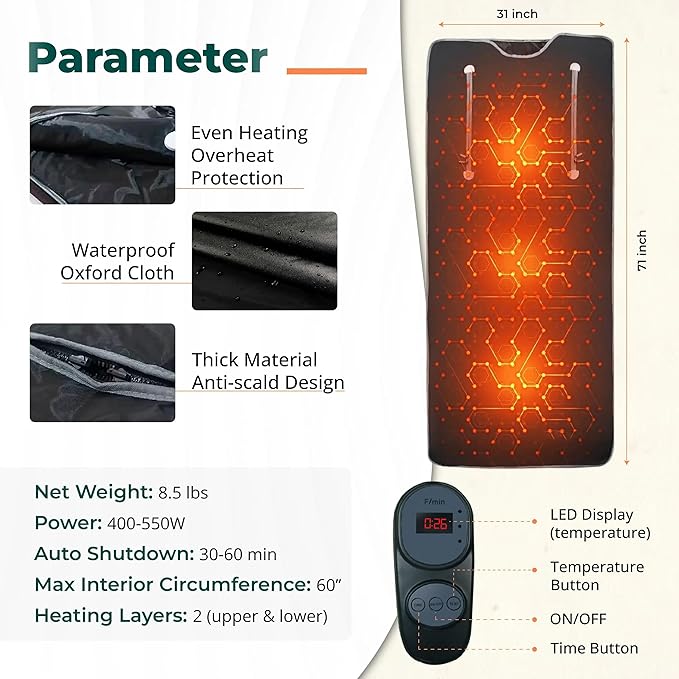 Infrared Sauna Blanket for Home | Portable Far Infrared Sauna Bag for Detox, Weight Loss & Relaxation, Dry Heat Therapy, Personal At-Home Wraps with Adjustable Temp 95-176°F. 120V 400 Watts, 70" x 31"