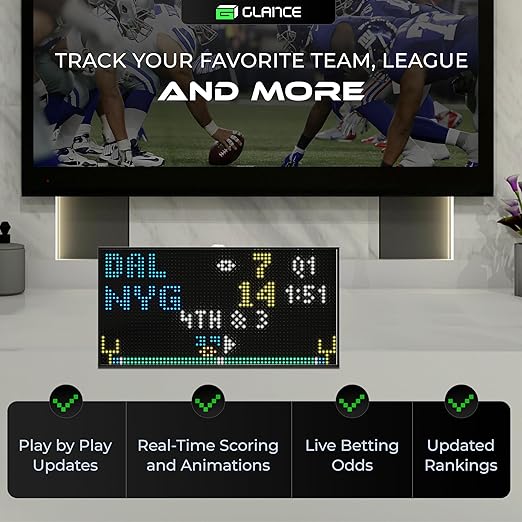 Glance LED Ticker - Customizable LED Display Sports Ticker, LED Display for Man Cave, Stock Market Ticker Display, Sports Score Retro Smart Pixel Display, Weather Display - 10.5"x5.5" Made in USA