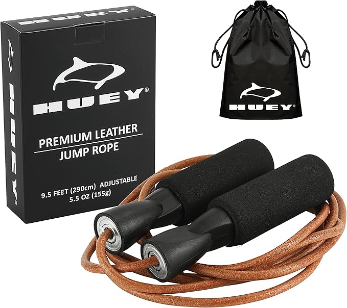 HUEY Sport Leather Jump Rope Skipping Rope for Speed Quiet Training Boxing MMA Cardio Crossfit Fitness Workout Indoor and Outside Exercise for Adult Kids Men and Women (5.5 oz)