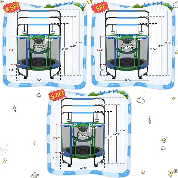 YORIN Trampoline for Kids 66'' 60'' 55'' Toddler Mini Small Trampoline Outdoor Indoor Trampoline W Basketball Hoop, Swing, Adjustable Gymnastics Bar, Gift for Baby, Toddlers & Kids