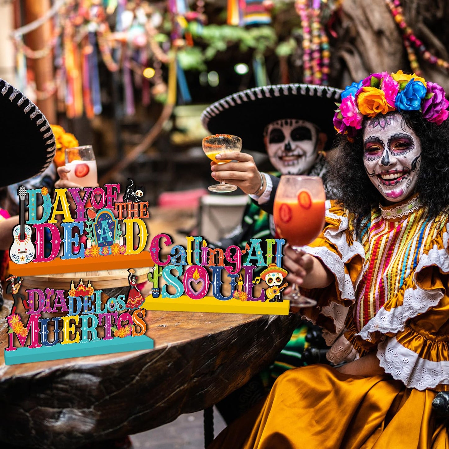 4Pcs Dia De Los Muertos Wooden Table Centerpieces Mexican Decor Halloween