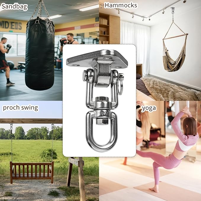 Stainless Steel Swing Hanger Heavy Duty 180°+360° Swivel Swing Hook Swing Hardware Kit for Yoga Swing Hammock Chair Porch Swing Sets Heavy Punching Bag 1500 LB Capacity