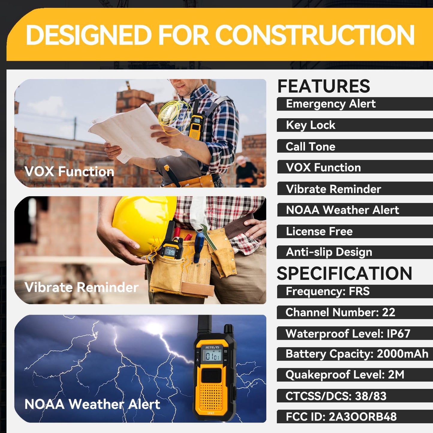 Retevis RB48 Heavy Duty Waterproof Walkie Talkies, Long Range Rechargeable Two Way Radios, Advanced Triple Proof, Vibration Reminder, for Warehousing Construction Contractor(10 Pack)