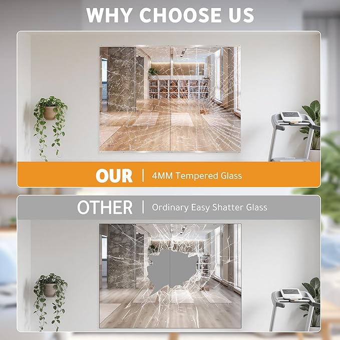 ROOMTEC Workout Mirrors for Home Gym 48"x24", Large Wall Mirror Full Length for Fitness, Yoga, Big Wall Mounted Frameless Glass Mirror for Garage, Dance Studio, Bedroom