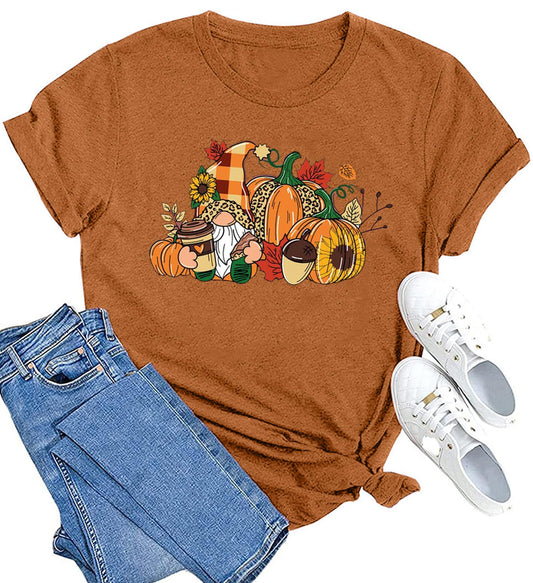 MAIHUN Damen Erntedankfest-Shirt Süße Zwerge Kürbis Herbst Kurzarm Größe S
