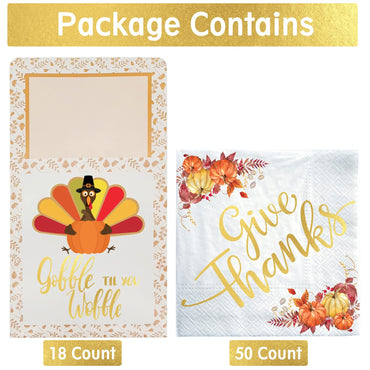 Two packages of Thanksgiving-themed paper products with text and graphics on a white background.