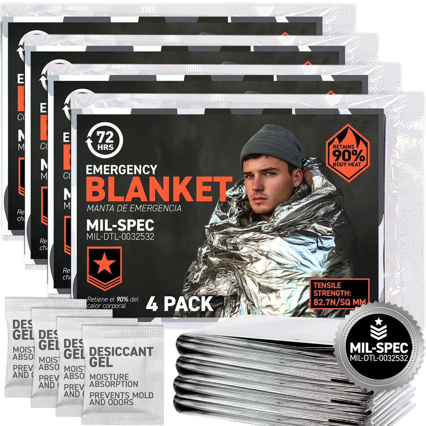 72 HRS Large Emergency Mylar Space Blankets 4-Pack, MIL-SPEC 54″ × 88″ Thermal Survival Foil – Retains 90% Body Heat, Waterproof Reflective Blanket for Camping, Hiking, Marathon, First Aid