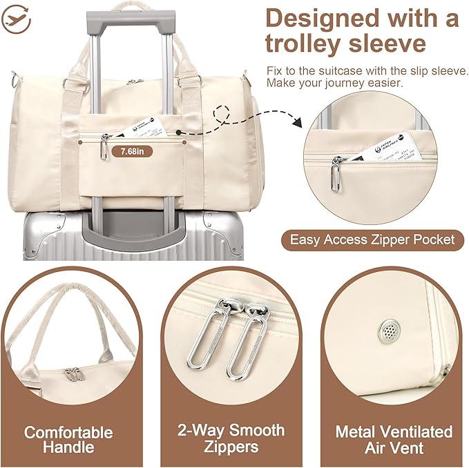 FIORETTO Womens Gym Tote Duffle Bag with Wet Pocket & Shoe Compartment, Sports Duffel Overnight Weekender Hospital Workout Carry on Bag for Girls, Ideal for Travel, Swimming, Dance, Ballet Beige