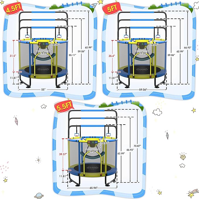 YORIN Trampoline for Kids 66'' 60'' 55'' Toddler Mini Small Trampoline Outdoor Indoor Trampoline W Basketball Hoop, Swing, Adjustable Gymnastics Bar, Gift for Baby, Toddlers & Kids