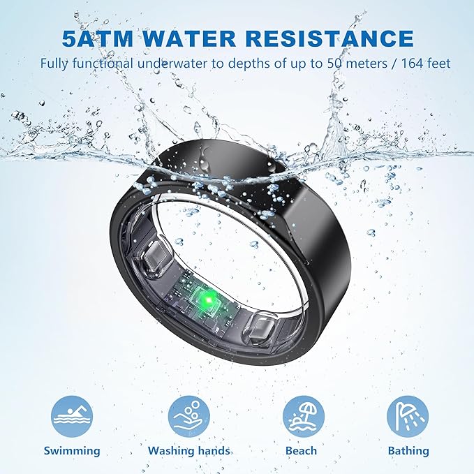 Smart Ring for Women Men - Titanium Health Fitness Tracker Ring with Heart Rate, Step Counting, Calories, Sleep & Stress Monitor for iPhone and Android, No Subscription Fee (Black, 7)