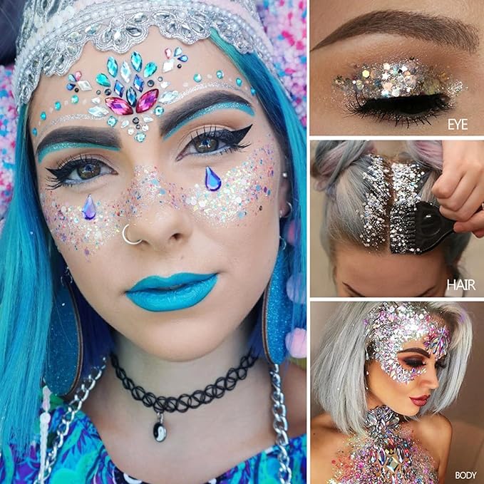MEICOLY Purple and Clear White Face Body Glitter Set,Mermaid Face Glitter Gel,Singer Concerts Festival Rave Accessories,Sparkling Sequins Glitter Face Paint for Women and Kids,Chunky Glitter Makeup