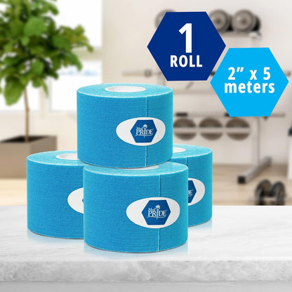 MedPride Kinesiology Tape – Blue 2”x5M Latex-Free Athletic Tape for Pain Relief, Injured Muscle Support, 24/Box, Case of 6 (144 Count)