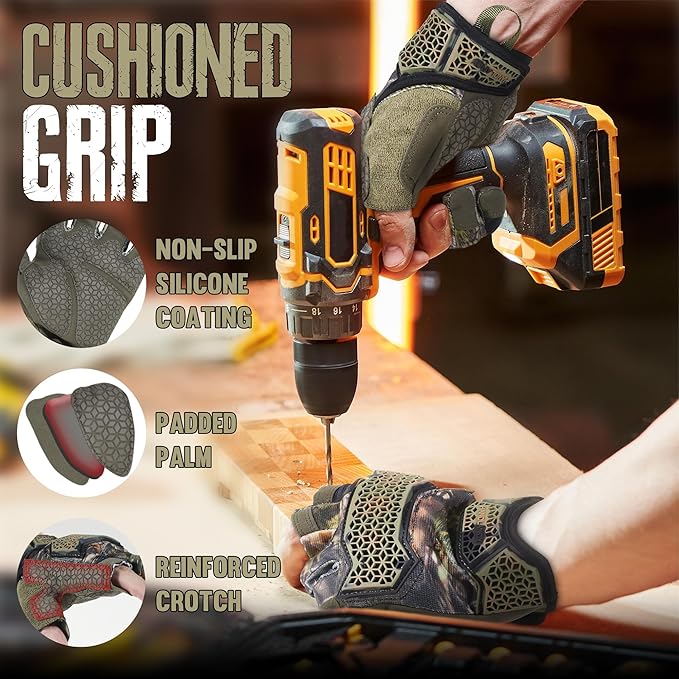 HANDLANDY Fingerless Framer Work Gloves for Men, Utility Grip Paded Gloves for Tactical Shooting Airsoft Hunting Driving (Camo- 3 Fingerless, X-Large (Pack of 1))