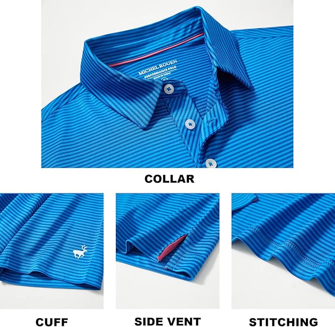 Mens Golf Shirt Moisture Wicking Dry Fit Performance Sport Short Sleeve Striped Golf Polo Shirts for Men