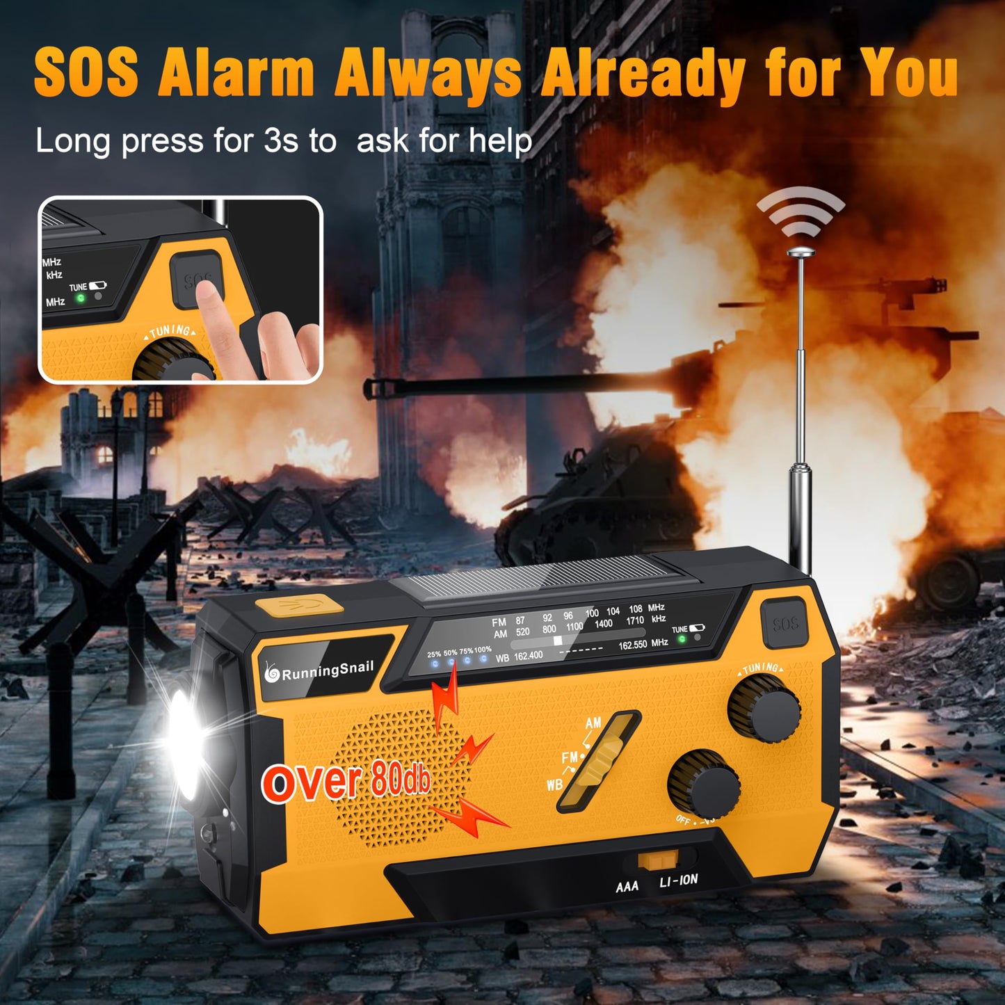 Emergency Crank Weather Radio: AM/FM/NOAA Weather Radio with 3 Built-in Cable - Hand Crank Radio with 2000mAh, Solar Charge, Hand Crank & Battery Operated, SOS Alarm, Flashlight for Outdoor Emergency