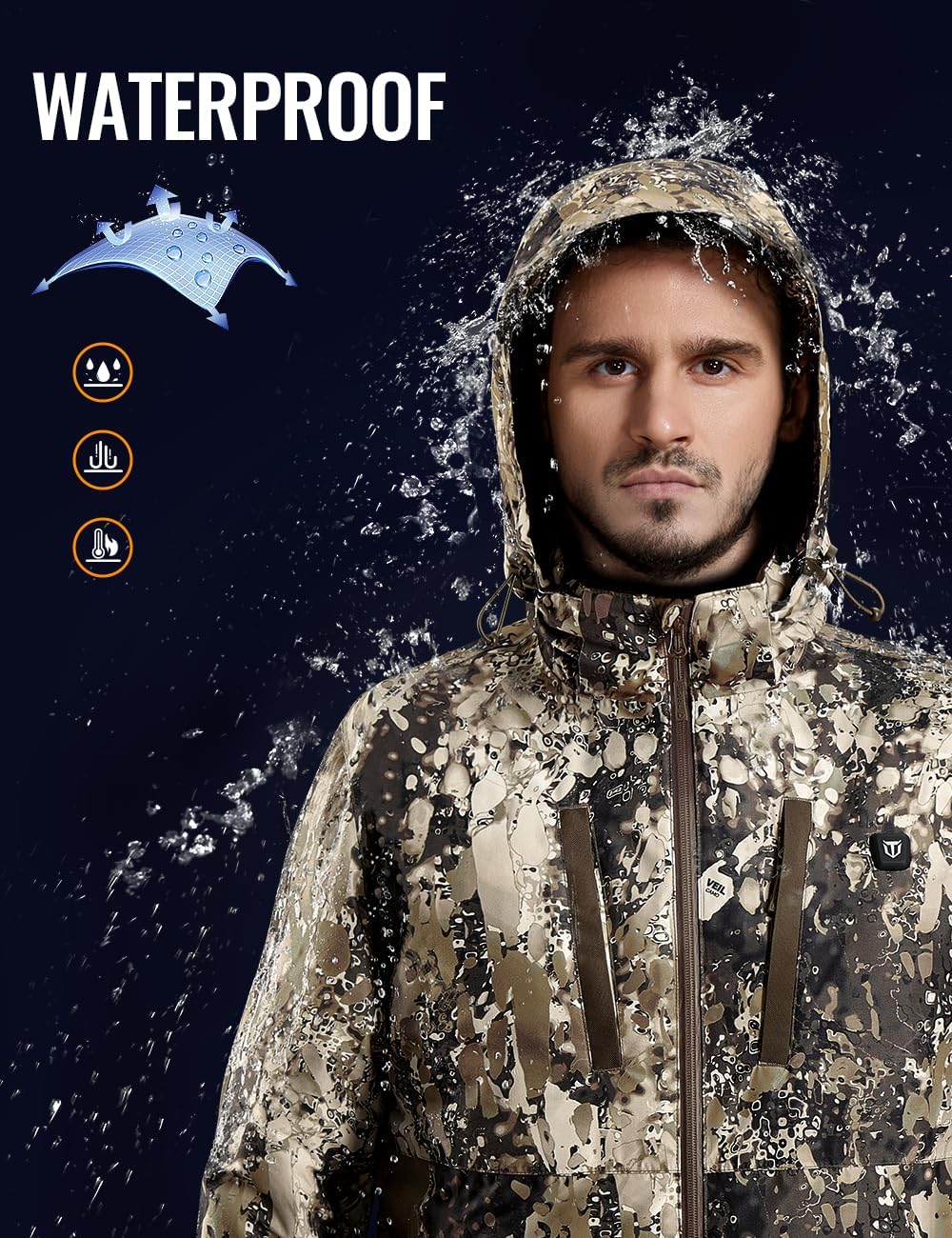 TIDEWE Heated Jacket for Men with Battery Pack, Insulation Waterproof Hunting Coat with Heater, Veil Camo, Size S-3XL