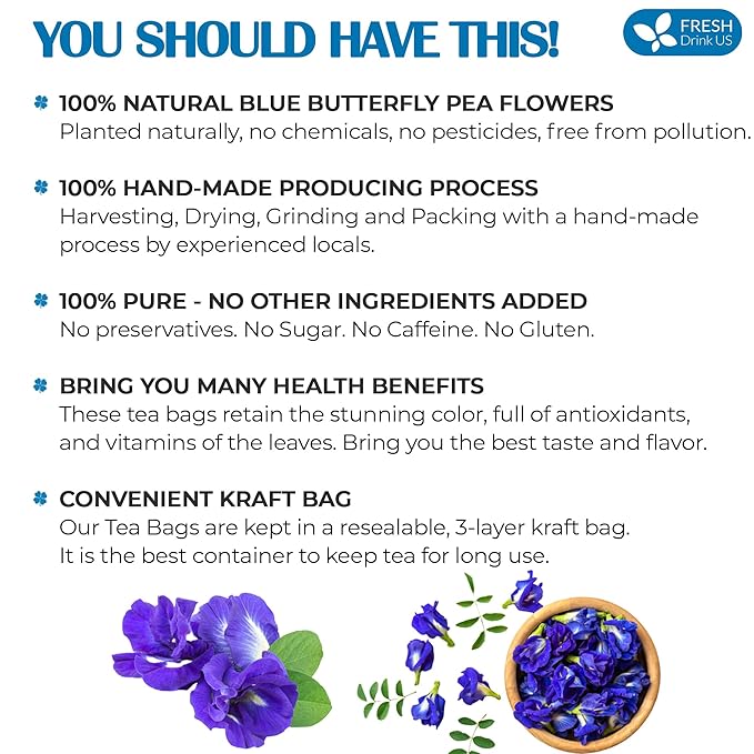 FRESHDRINKUS Premium 55 Butterfly Pea Flowers Tea Bags,100% Pure, Organic, Non GMO, Made With Organic Bags, Sugar/ Caffeine/ Gluten Free, Wildcrafted, Vegan, Handmade Product