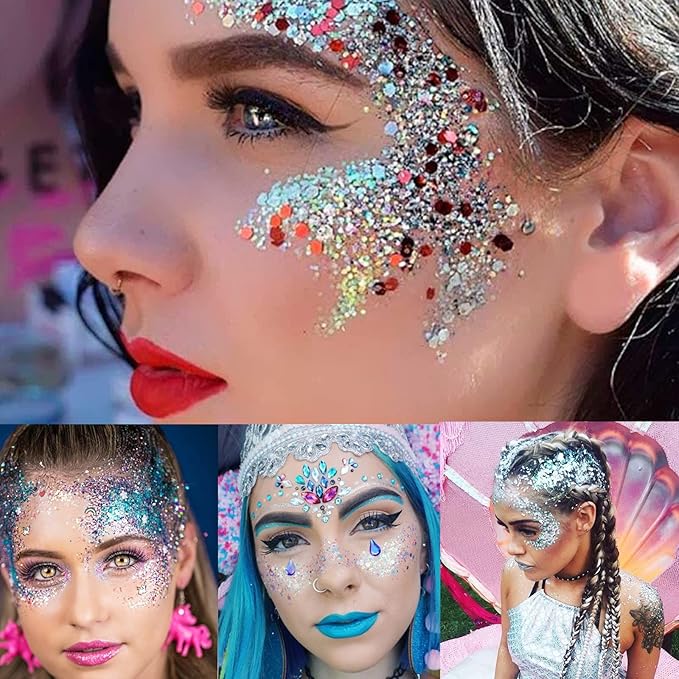 MEICOLY Purple and Clear White Face Body Glitter Set,Mermaid Face Glitter Gel,Singer Concerts Festival Rave Accessories,Sparkling Sequins Glitter Face Paint for Women and Kids,Chunky Glitter Makeup