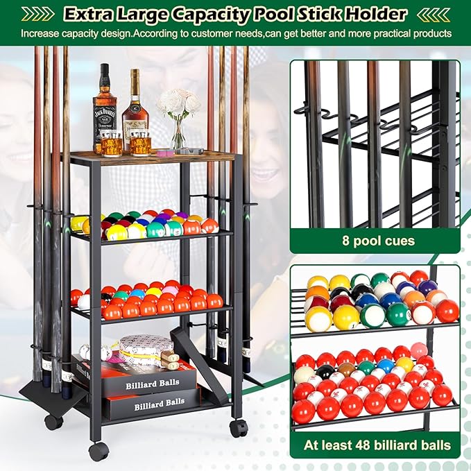 Pool Stick Holder Rack Stand for 8 Cue Sticks - Billiard Game Room Storage Cart with Organizer for Balls, Pool Table Accessories and Equipment - Heavy Duty Floor Stand Cue Stick Rack for Home or Bar
