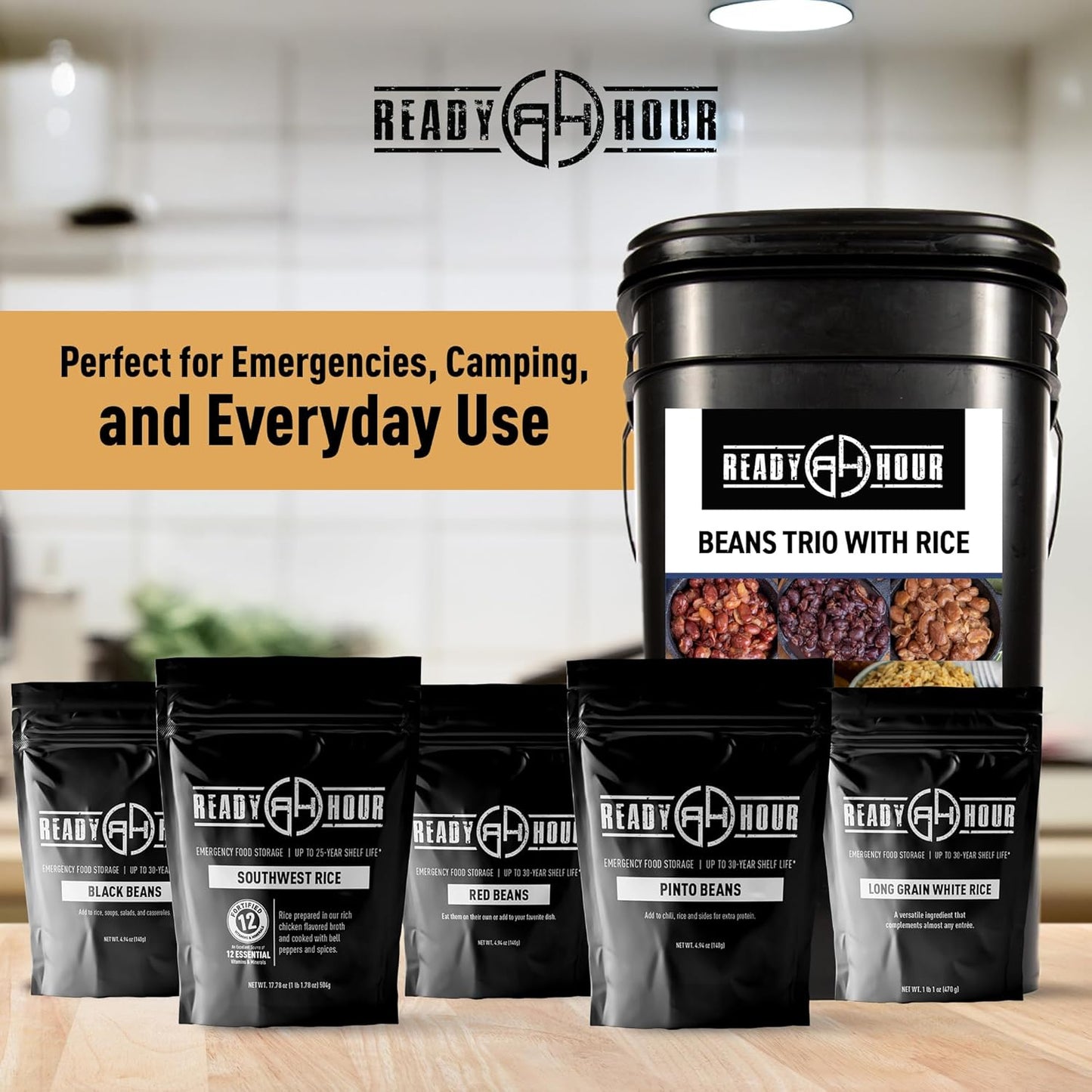 Ready Hour Beans Trio with Rice Kit Bucket (100 Servings) Survival Beans and Rice, Survival Food Storage, Emergency Preparedness Food, Prepper, Easy Prep, 30-Year Shelf Life