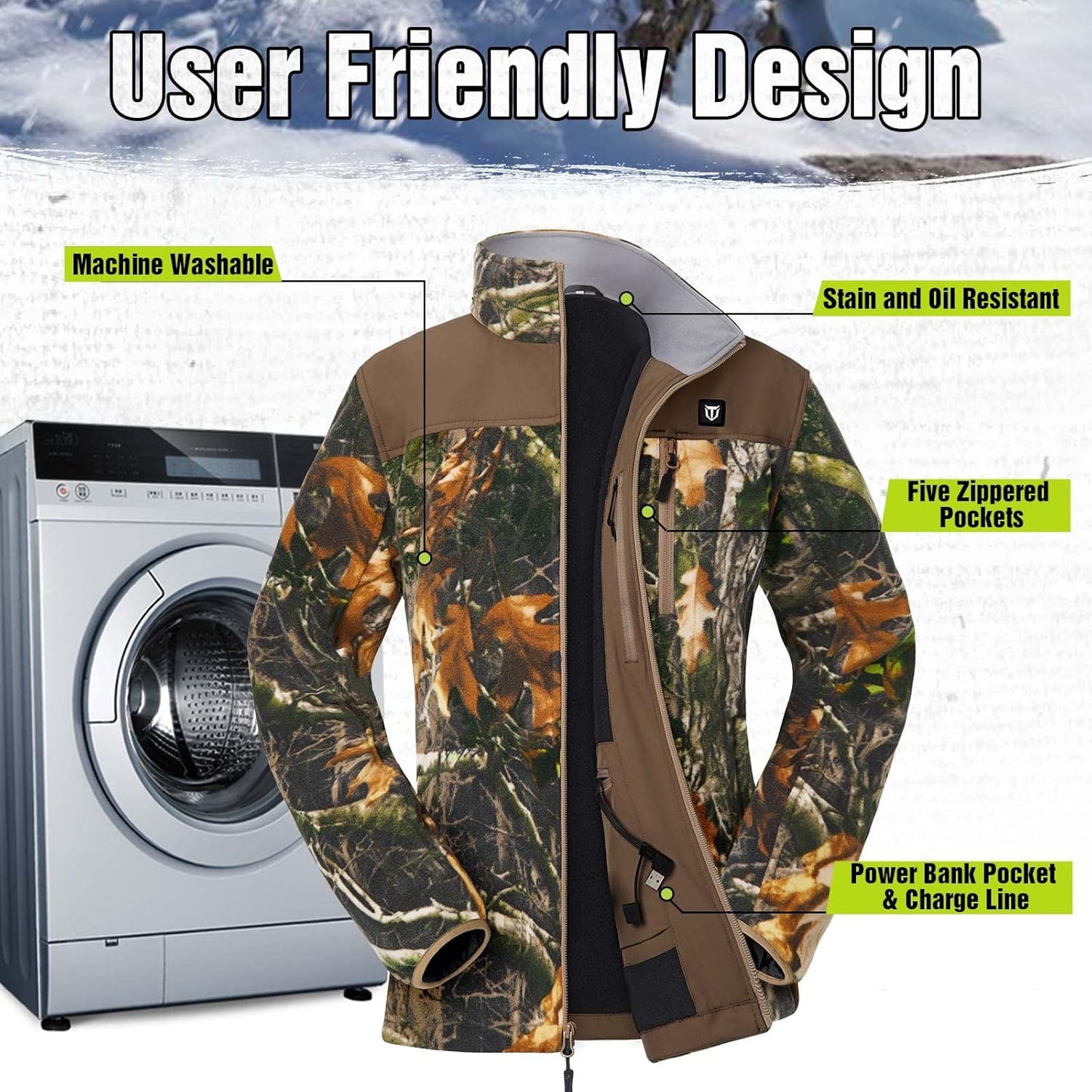 TIDEWE Women’s Heated Jacket Fleece with Battery Pack, Rechargeable Coat for Hunting (Black, Camo, Size S-XXL)
