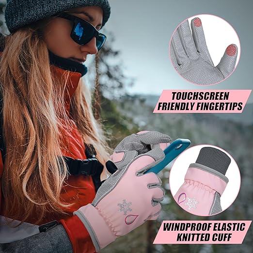 HANDLANDY Winter Insulated Work Gloves, 3M Thinsulate Thermal Water-Resistant Gloves for Men Women Touch Screen, Warm Ski Snowboard Cold Weather Gloves (Pink Grey, Large)