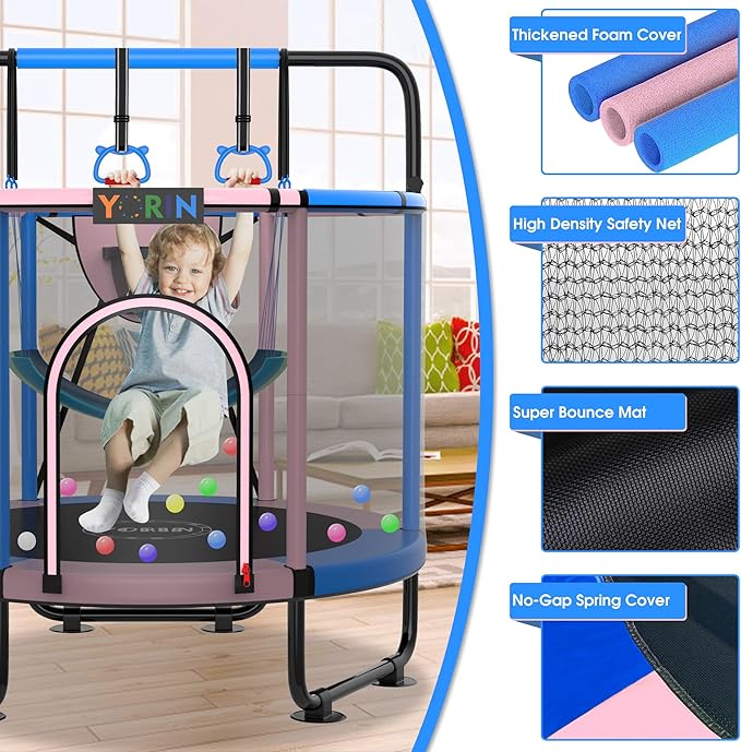 YORIN Trampoline for Kids 66'' 60'' 55'' Toddler Mini Small Trampoline Outdoor Indoor Trampoline W Basketball Hoop, Swing, Adjustable Gymnastics Bar, Gift for Baby, Toddlers & Kids
