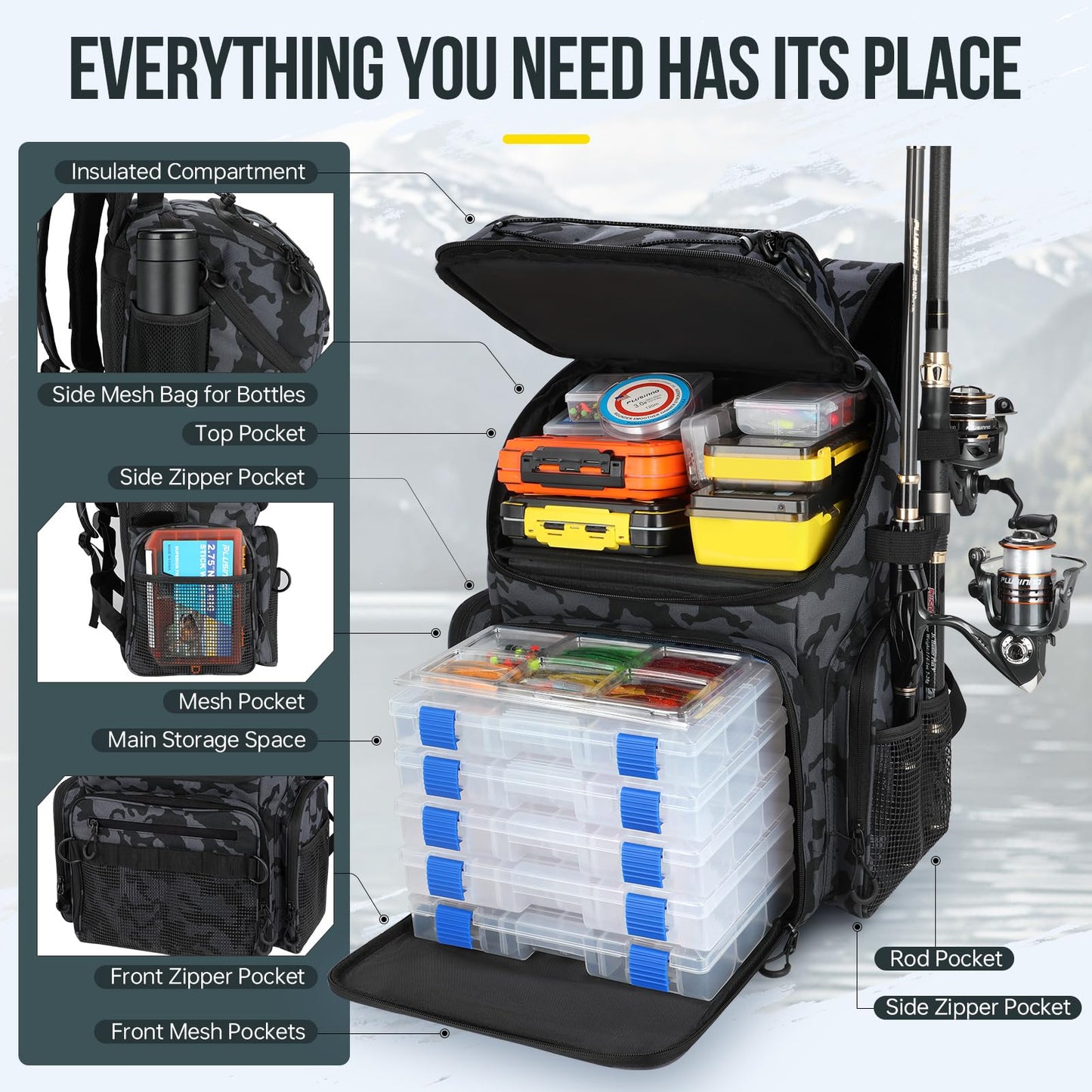 PLUSINNO Cooler Fishing Backpack with Rod Holders 45L Large Water-resistant Fishing Tackle bag Store Fishing Gear Fishing Gifts for Men Father, Sport Bags
