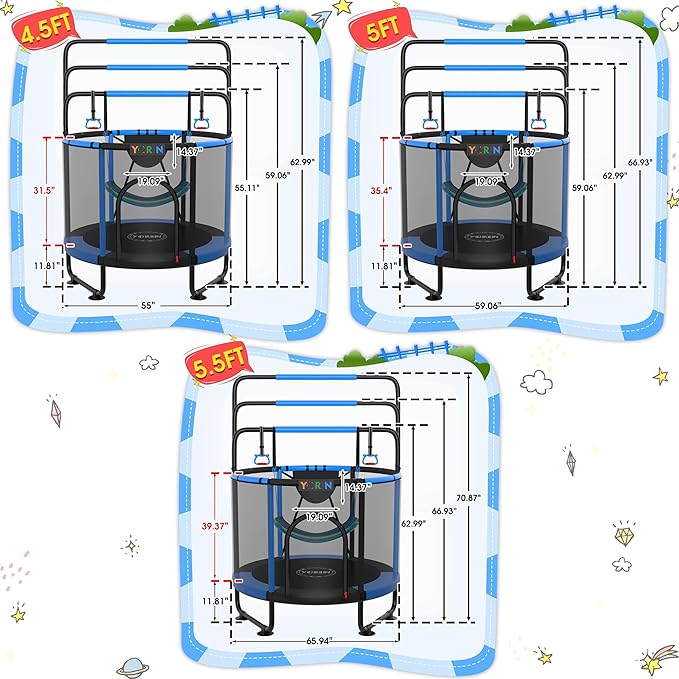 YORIN Trampoline for Kids 66'' 60'' 55'' Toddler Mini Small Trampoline Outdoor Indoor Trampoline W Basketball Hoop, Swing, Adjustable Gymnastics Bar, Gift for Baby, Toddlers & Kids
