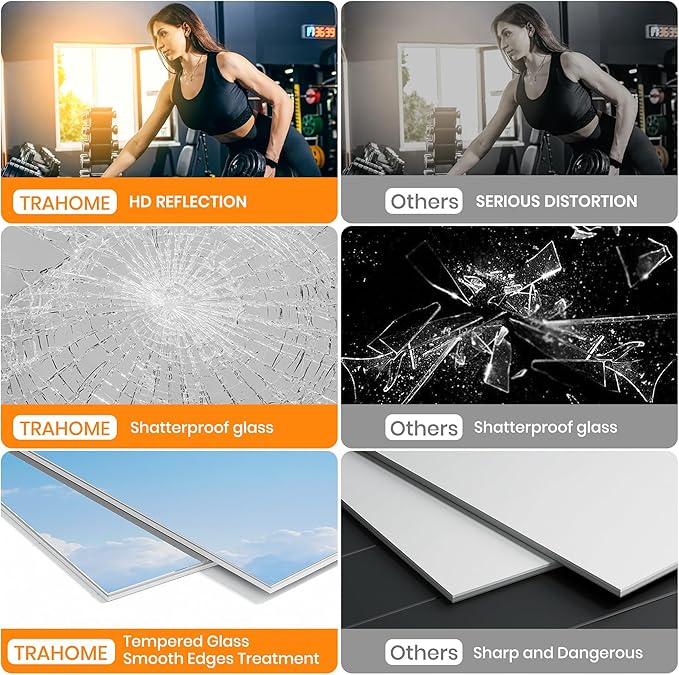 ROOMTEC Workout Mirrors for Home Gym 72"x36"-2PCS, Large Wall Mirror Full Length for Fitness, Yoga, Big Wall Mounted Frameless Glass Mirror for Garage, Dance Studio, Bedroom