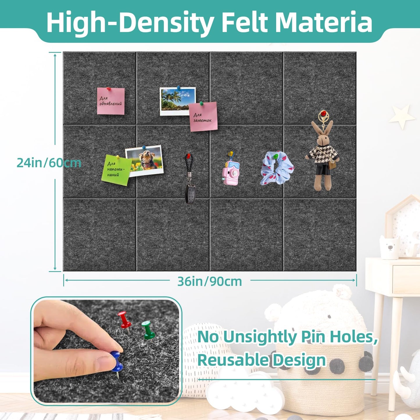 URMMIY Large Cork Board 12 Pack Felt Wall Tiles 47x35in Gray with Push Pins