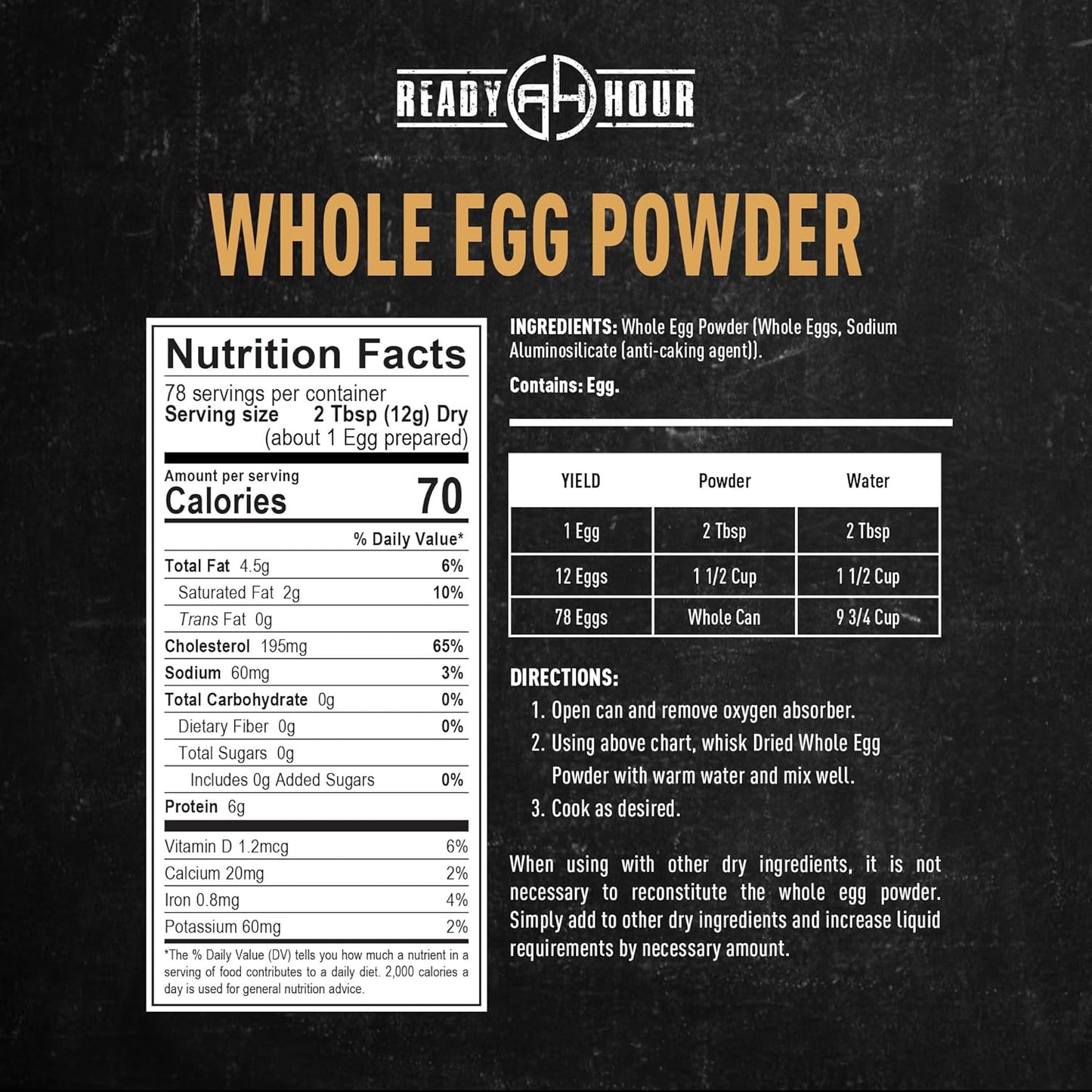 Ready Hour Whole Egg Powder #10 Can (78 Servings), Powdered, Freeze-Dried Eggs, Emergency, Emergency Scrambled, 10-Year Shelf Life, Non-Perishable, Long-Term Storage Food
