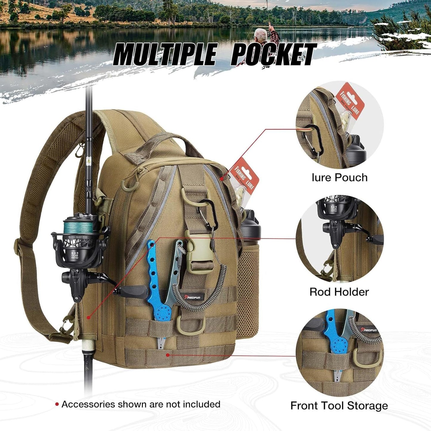Piscifun Fishing Backpack with Rod Holder, Lightweight Sling Bag Storge Gear and Equipment