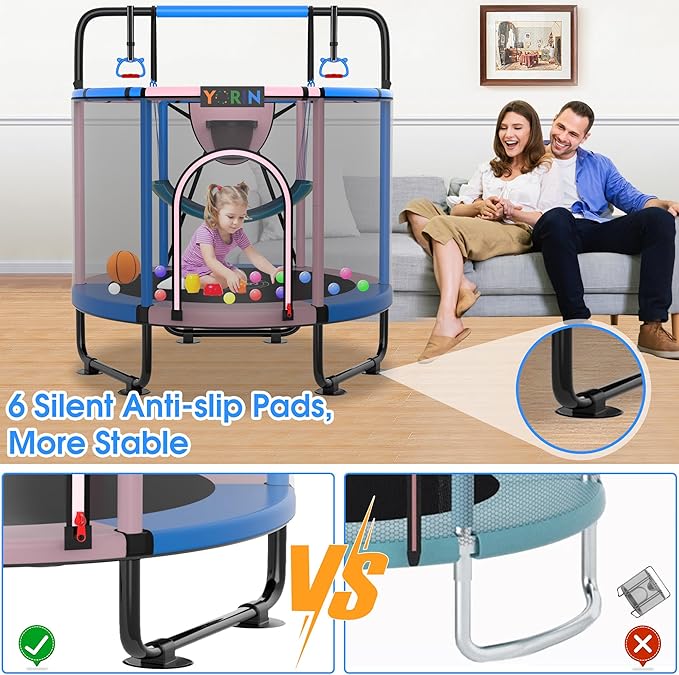 YORIN Trampoline for Kids 66'' 60'' 55'' Toddler Mini Small Trampoline Outdoor Indoor Trampoline W Basketball Hoop, Swing, Adjustable Gymnastics Bar, Gift for Baby, Toddlers & Kids