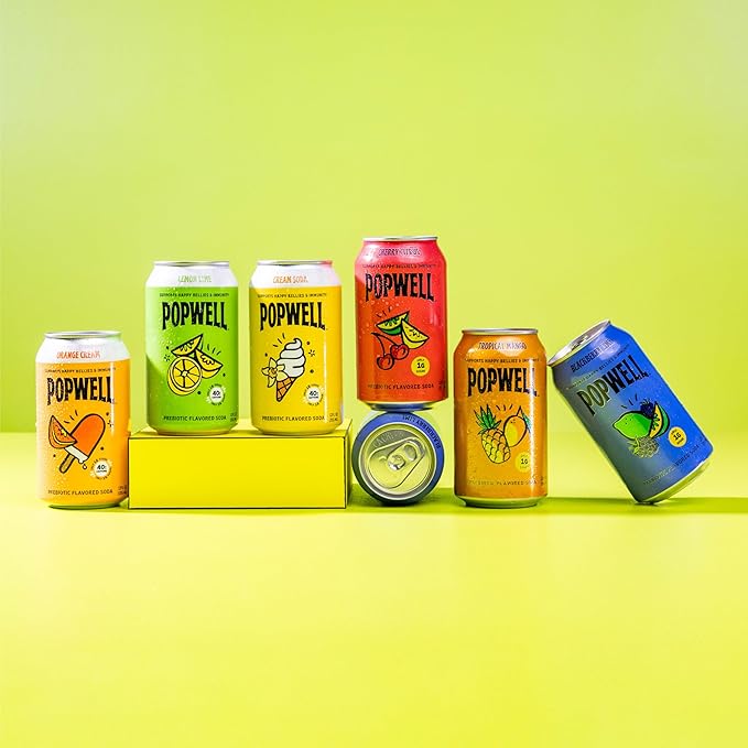 Popwell Tropical Mango Better-For-You Prebiotic Soda, with 6g Fiber, 1g Sugar, Vitamins and Immunity Support, 12 fl oz Cans (pack of 12)