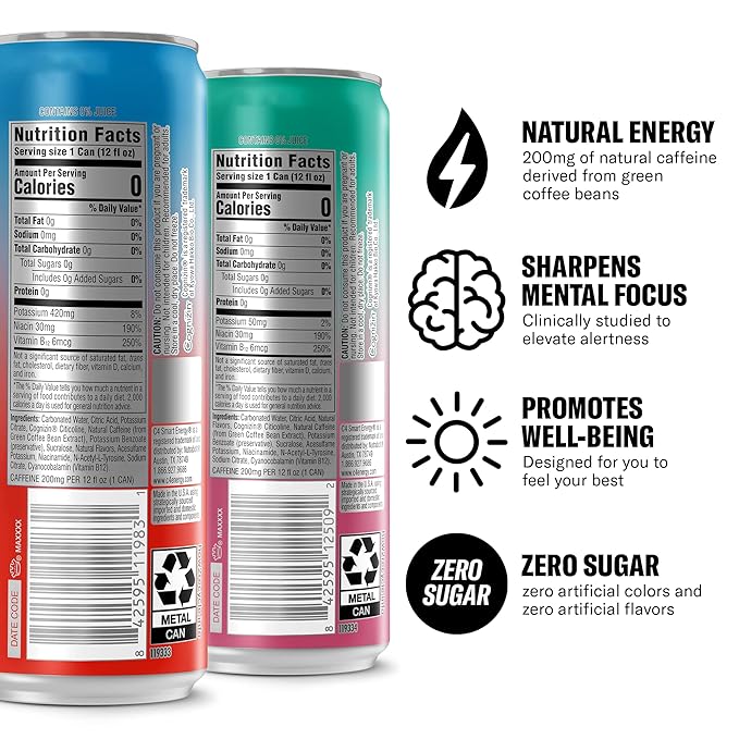 Cellucor C4 Smart Energy Drinks Variety Pack, Sugar Free Performance Fuel & Nootropic Brain Booster, Coffee Substitute or Alternative, 4 Flavor Berry Breeze Variety 12 Pack